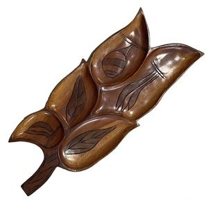 Vintage Monkey Pod Leaf Tiki Tray Wood Carved Mid Century Large Charcuterie Rare